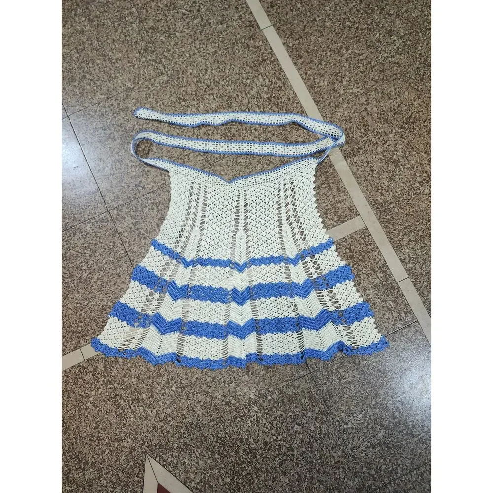Vintage Child-Size Hand Crocheted Half Apron Beige Blue Prairie Farmgirl Cottage